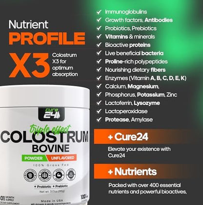 Cure24 Bovine Colostrum X3 Pulver für Menschen – 100% reines, natürliches, grasgefüttertes Superfood, hoher IgG-Gehalt, plus Probiotika & Präbiotika, unaromatisiert, hergestellt in den USA