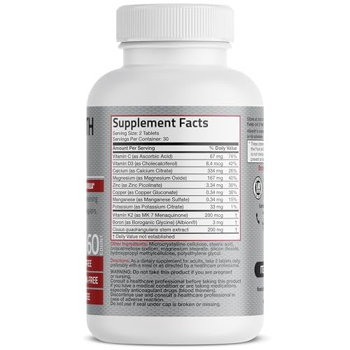 Bronson Knochengesundheits- & Stärkekomplex* Hochpotente Formel mit 200 µg Vitamin K2 als MK7, plus Calcium, Bor, Cissus Quadrangularis, Magnesium, Vitamin D3 und mehr – Non-GMO, 60 Tabletten