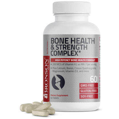 Bronson Knochengesundheits- & Stärkekomplex* Hochpotente Formel mit 200 µg Vitamin K2 als MK7, plus Calcium, Bor, Cissus Quadrangularis, Magnesium, Vitamin D3 und mehr – Non-GMO, 60 Tabletten