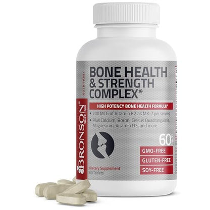 Bronson Knochengesundheits- & Stärkekomplex* Hochpotente Formel mit 200 µg Vitamin K2 als MK7, plus Calcium, Bor, Cissus Quadrangularis, Magnesium, Vitamin D3 und mehr – Non-GMO, 60 Tabletten