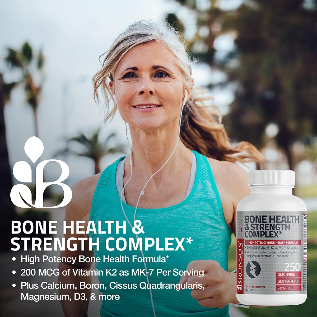 Bronson Knochengesundheits- & Stärkekomplex* Hochpotente Formel mit 200 µg Vitamin K2 als MK7, plus Calcium, Bor, Cissus Quadrangularis, Magnesium, Vitamin D3 und mehr – Non-GMO, 60 Tabletten