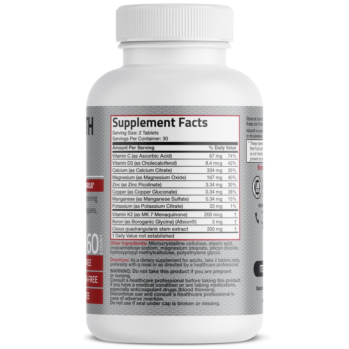 Bronson Knochengesundheits- & Stärkekomplex* Hochpotente Formel mit 200 µg Vitamin K2 als MK7, plus Calcium, Bor, Cissus Quadrangularis, Magnesium, Vitamin D3 und mehr – Non-GMO, 60 Tabletten