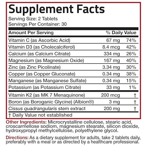 Bronson Knochengesundheits- & Stärkekomplex* Hochpotente Formel mit 200 µg Vitamin K2 als MK7, plus Calcium, Bor, Cissus Quadrangularis, Magnesium, Vitamin D3 und mehr – Non-GMO, 60 Tabletten