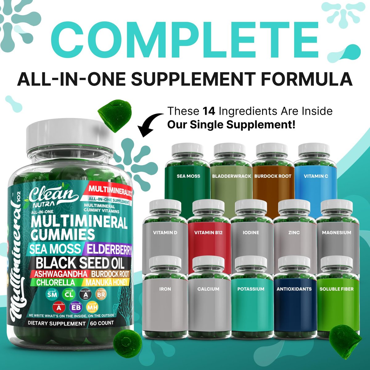 Sea Moss Gummies | Klinisch getestet – Schwarzkümmelöl, Ashwagandha, Holunder, Klettenwurzel, Chlorella, Manuka-Honig – Vegane irische Seemoos-Gummis für Erwachsene, Kinder, Männer, Frauen – Grüner Apfelgeschmack