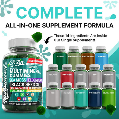 Sea Moss Gummies | Klinisch getestet – Schwarzkümmelöl, Ashwagandha, Holunder, Klettenwurzel, Chlorella, Manuka-Honig – Vegane irische Seemoos-Gummis für Erwachsene, Kinder, Männer, Frauen – Grüner Apfelgeschmack