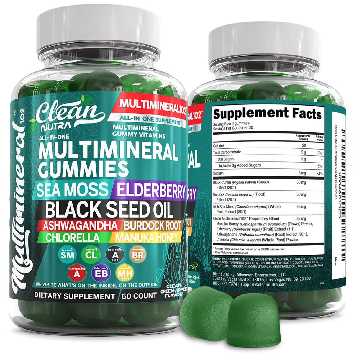 Sea Moss Gummies | Klinisch getestet – Schwarzkümmelöl, Ashwagandha, Holunder, Klettenwurzel, Chlorella, Manuka-Honig – Vegane irische Seemoos-Gummis für Erwachsene, Kinder, Männer, Frauen – Grüner Apfelgeschmack