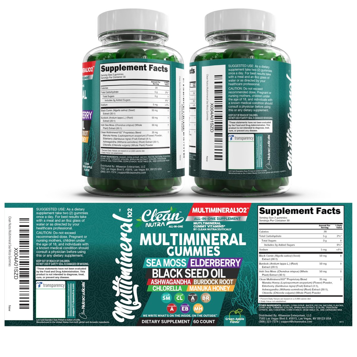 Sea Moss Gummies | Klinisch getestet – Schwarzkümmelöl, Ashwagandha, Holunder, Klettenwurzel, Chlorella, Manuka-Honig – Vegane irische Seemoos-Gummis für Erwachsene, Kinder, Männer, Frauen – Grüner Apfelgeschmack