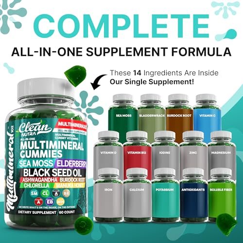 Sea Moss Gummies | Klinisch getestet – Schwarzkümmelöl, Ashwagandha, Holunder, Klettenwurzel, Chlorella, Manuka-Honig – Vegane irische Seemoos-Gummis für Erwachsene, Kinder, Männer, Frauen – Grüner Apfelgeschmack