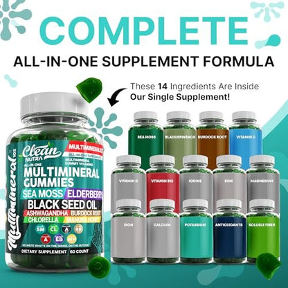Sea Moss Gummies | Klinisch getestet – Schwarzkümmelöl, Ashwagandha, Holunder, Klettenwurzel, Chlorella, Manuka-Honig – Vegane irische Seemoos-Gummis für Erwachsene, Kinder, Männer, Frauen – Grüner Apfelgeschmack