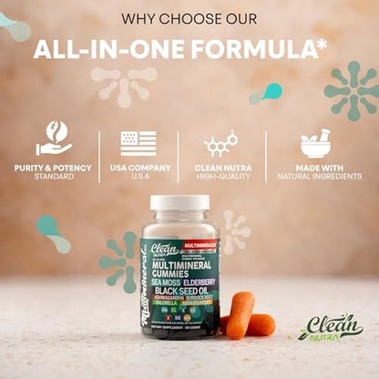 Sea Moss Gummies | Klinisch getestet – Schwarzkümmelöl, Ashwagandha, Holunder, Klettenwurzel, Chlorella, Manuka-Honig – Vegane irische Seemoos-Gummis für Erwachsene, Kinder, Männer, Frauen – Grüner Apfelgeschmack