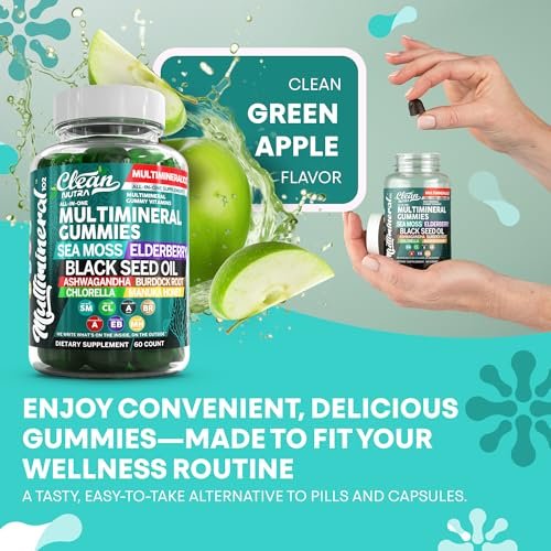 Sea Moss Gummies | Klinisch getestet – Schwarzkümmelöl, Ashwagandha, Holunder, Klettenwurzel, Chlorella, Manuka-Honig – Vegane irische Seemoos-Gummis für Erwachsene, Kinder, Männer, Frauen – Grüner Apfelgeschmack