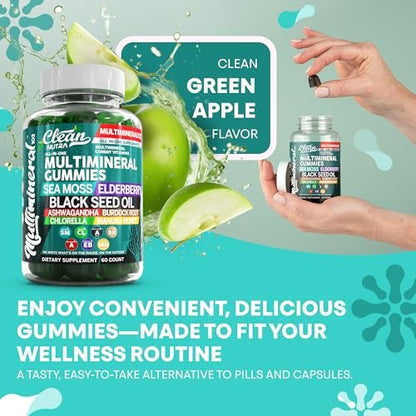 Sea Moss Gummies | Klinisch getestet – Schwarzkümmelöl, Ashwagandha, Holunder, Klettenwurzel, Chlorella, Manuka-Honig – Vegane irische Seemoos-Gummis für Erwachsene, Kinder, Männer, Frauen – Grüner Apfelgeschmack