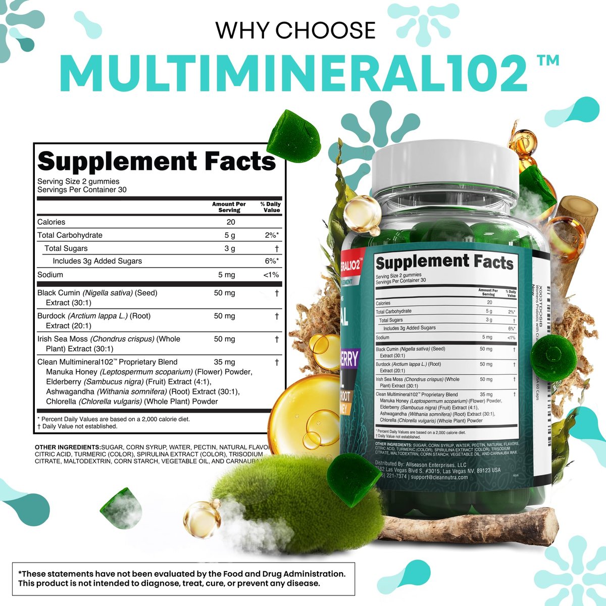 Sea Moss Gummies | Klinisch getestet – Schwarzkümmelöl, Ashwagandha, Holunder, Klettenwurzel, Chlorella, Manuka-Honig – Vegane irische Seemoos-Gummis für Erwachsene, Kinder, Männer, Frauen – Grüner Apfelgeschmack