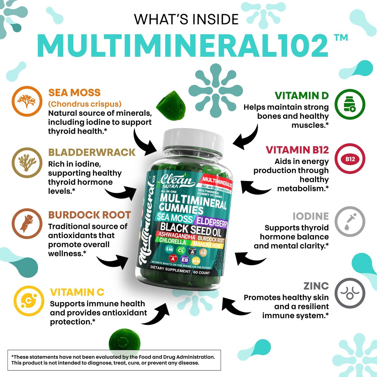 Sea Moss Gummies | Klinisch getestet – Schwarzkümmelöl, Ashwagandha, Holunder, Klettenwurzel, Chlorella, Manuka-Honig – Vegane irische Seemoos-Gummis für Erwachsene, Kinder, Männer, Frauen – Grüner Apfelgeschmack