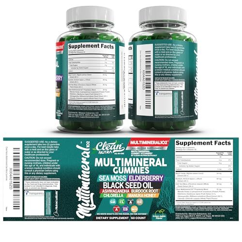 Sea Moss Gummies | Klinisch getestet – Schwarzkümmelöl, Ashwagandha, Holunder, Klettenwurzel, Chlorella, Manuka-Honig – Vegane irische Seemoos-Gummis für Erwachsene, Kinder, Männer, Frauen – Grüner Apfelgeschmack