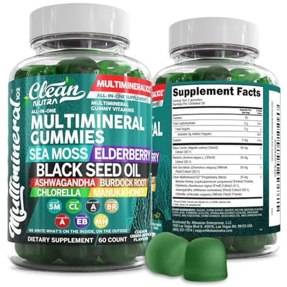 Sea Moss Gummies | Klinisch getestet – Schwarzkümmelöl, Ashwagandha, Holunder, Klettenwurzel, Chlorella, Manuka-Honig – Vegane irische Seemoos-Gummis für Erwachsene, Kinder, Männer, Frauen – Grüner Apfelgeschmack