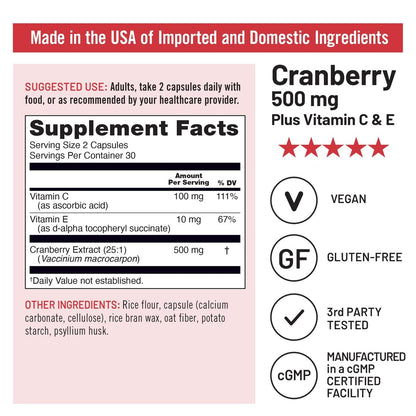 NatureWise Cranberry Kapseln für Frauen - 500 mg Cranberry Extrakt (25:1) + Vitamin C & E - Reinigung für Harnwege & Blase - Vegan, Non-GMO, Zuckerfrei - 60 Kapseln [1-Monatsvorrat]