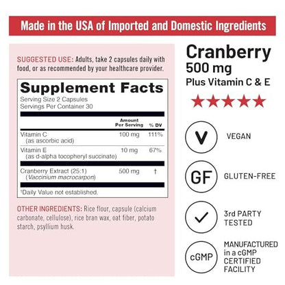 NatureWise Cranberry Kapseln für Frauen - 500 mg Cranberry Extrakt (25:1) + Vitamin C & E - Reinigung für Harnwege & Blase - Vegan, Non-GMO, Zuckerfrei - 60 Kapseln [1-Monatsvorrat]