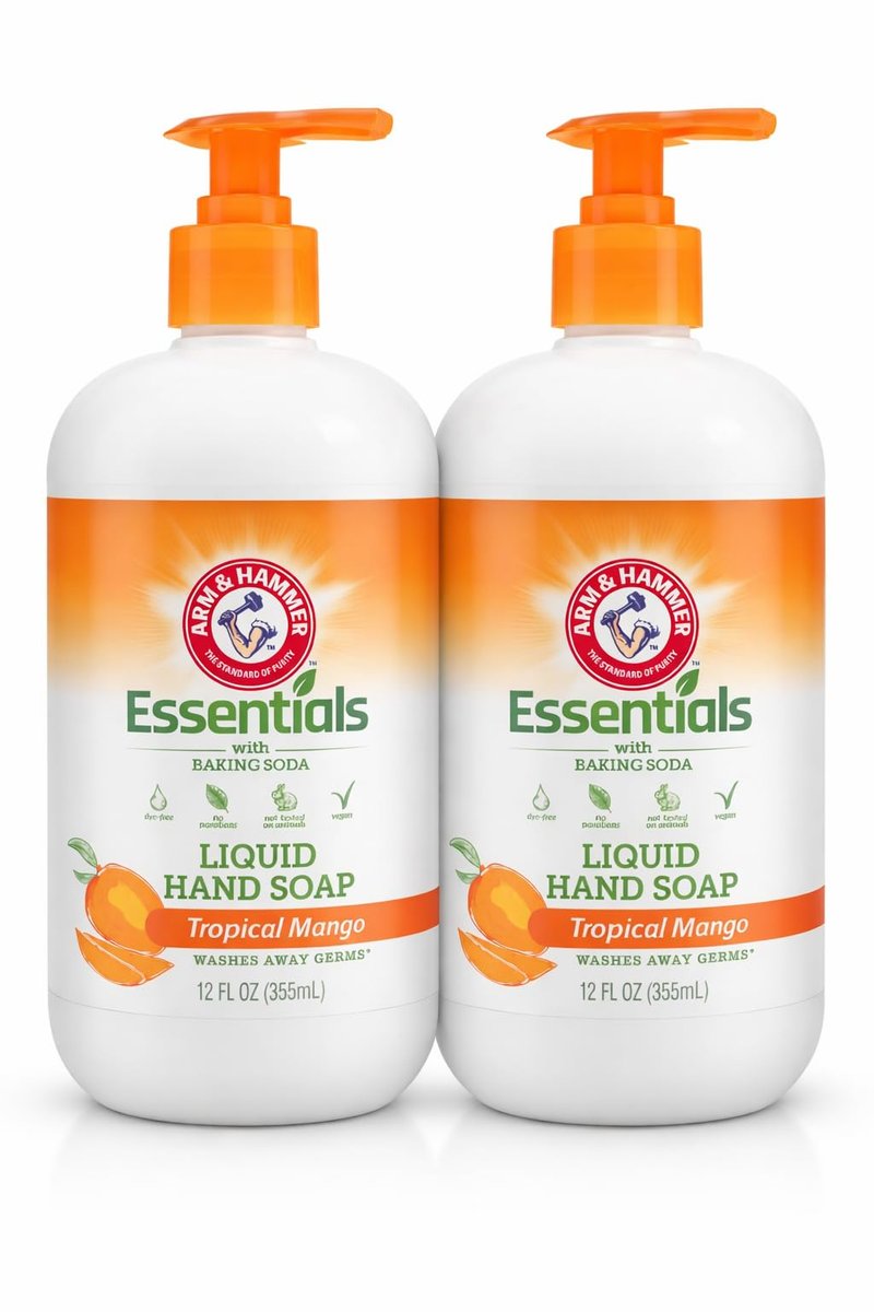 Arm & Hammer Essentials mit sanftem Backpulver, Flüssigseife, 12 fl oz (Tropische Mango) – 2er-Pack
