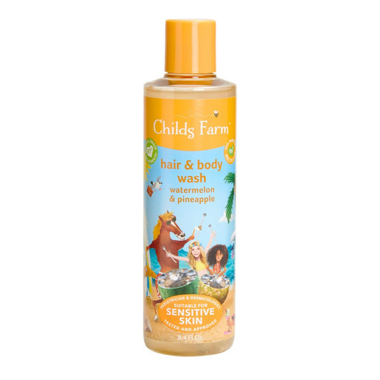 Childs Farm Kids Hair & Body Wash für trockene, empfindliche Haut, Wassermelone & Bio-Ananas, sanfte Reinigung, vegan, tierversuchsfrei, 250 ml