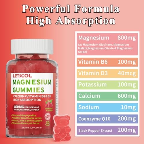 LETSCOL Magnesium Glycinat Gummies 800mg pro Portion – Zuckerfreies Magnesiumpräparat mit Magnesiummalat, Calcium, Vitamin D3, B6, CoQ10 für Ruhe & Schlaf – Erwachsene & Kinder (30 Stück)
