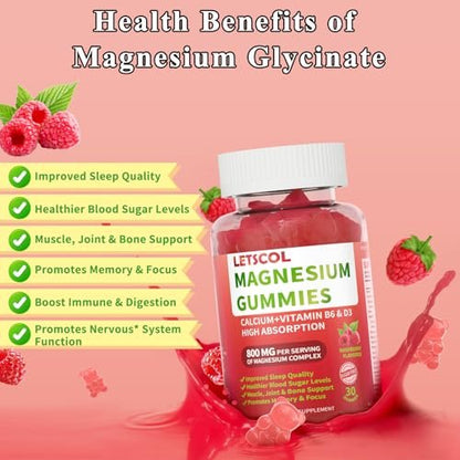 LETSCOL Magnesium Glycinat Gummies 800mg pro Portion – Zuckerfreies Magnesiumpräparat mit Magnesiummalat, Calcium, Vitamin D3, B6, CoQ10 für Ruhe & Schlaf – Erwachsene & Kinder (30 Stück)