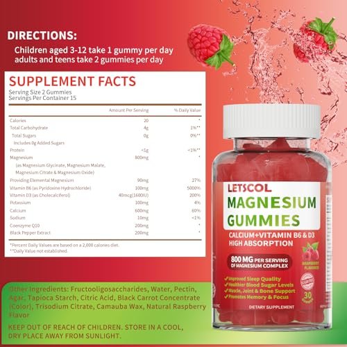 LETSCOL Magnesium Glycinat Gummies 800mg pro Portion – Zuckerfreies Magnesiumpräparat mit Magnesiummalat, Calcium, Vitamin D3, B6, CoQ10 für Ruhe & Schlaf – Erwachsene & Kinder (30 Stück)