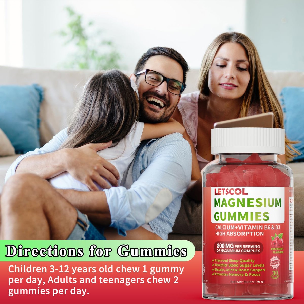 LETSCOL Magnesium Glycinat Gummies 800mg pro Portion – Zuckerfreies Magnesiumpräparat mit Magnesiummalat, Calcium, Vitamin D3, B6, CoQ10 für Ruhe & Schlaf – Erwachsene & Kinder (30 Stück)