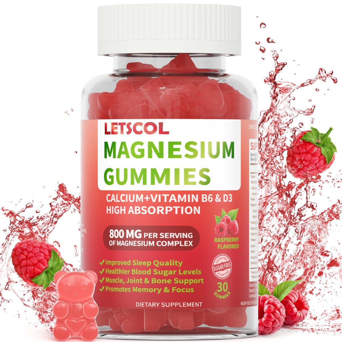 LETSCOL Magnesium Glycinat Gummies 800mg pro Portion – Zuckerfreies Magnesiumpräparat mit Magnesiummalat, Calcium, Vitamin D3, B6, CoQ10 für Ruhe & Schlaf – Erwachsene & Kinder (30 Stück)