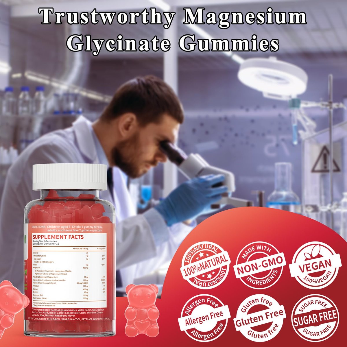 LETSCOL Magnesium Glycinat Gummies 800mg pro Portion – Zuckerfreies Magnesiumpräparat mit Magnesiummalat, Calcium, Vitamin D3, B6, CoQ10 für Ruhe & Schlaf – Erwachsene & Kinder (30 Stück)