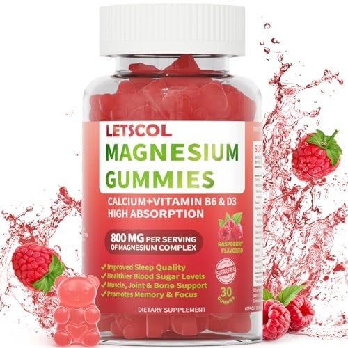 LETSCOL Magnesium Glycinat Gummies 800mg pro Portion – Zuckerfreies Magnesiumpräparat mit Magnesiummalat, Calcium, Vitamin D3, B6, CoQ10 für Ruhe & Schlaf – Erwachsene & Kinder (30 Stück)
