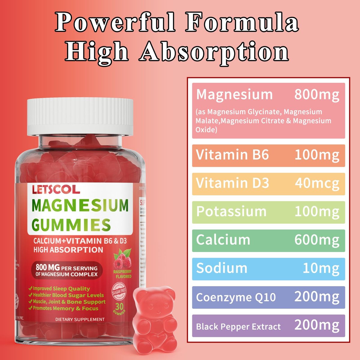LETSCOL Magnesium Glycinat Gummies 800mg pro Portion – Zuckerfreies Magnesiumpräparat mit Magnesiummalat, Calcium, Vitamin D3, B6, CoQ10 für Ruhe & Schlaf – Erwachsene & Kinder (30 Stück)