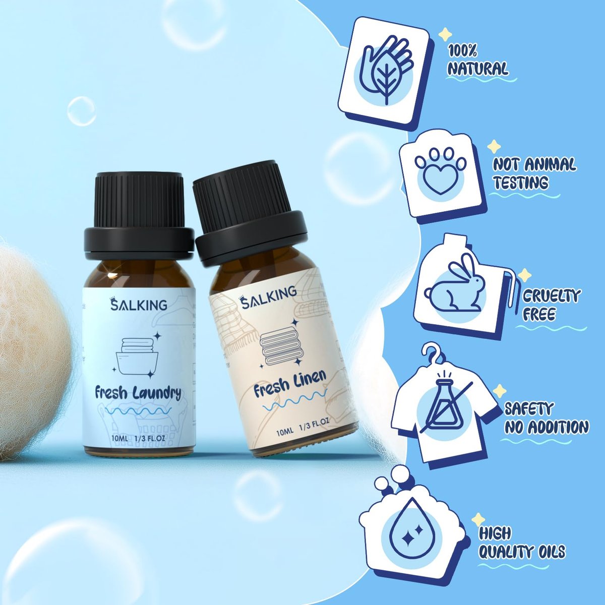 SALKING Waschparfüm-Öle, Premium Duftöl für Diffuser, Duftöl-Geschenkset für Seifen- und Kerzenherstellung – Citrus Clean, Fresh Laundry, Fresh Linen, Lavender Fields, Still Breeze, Minty Fresh