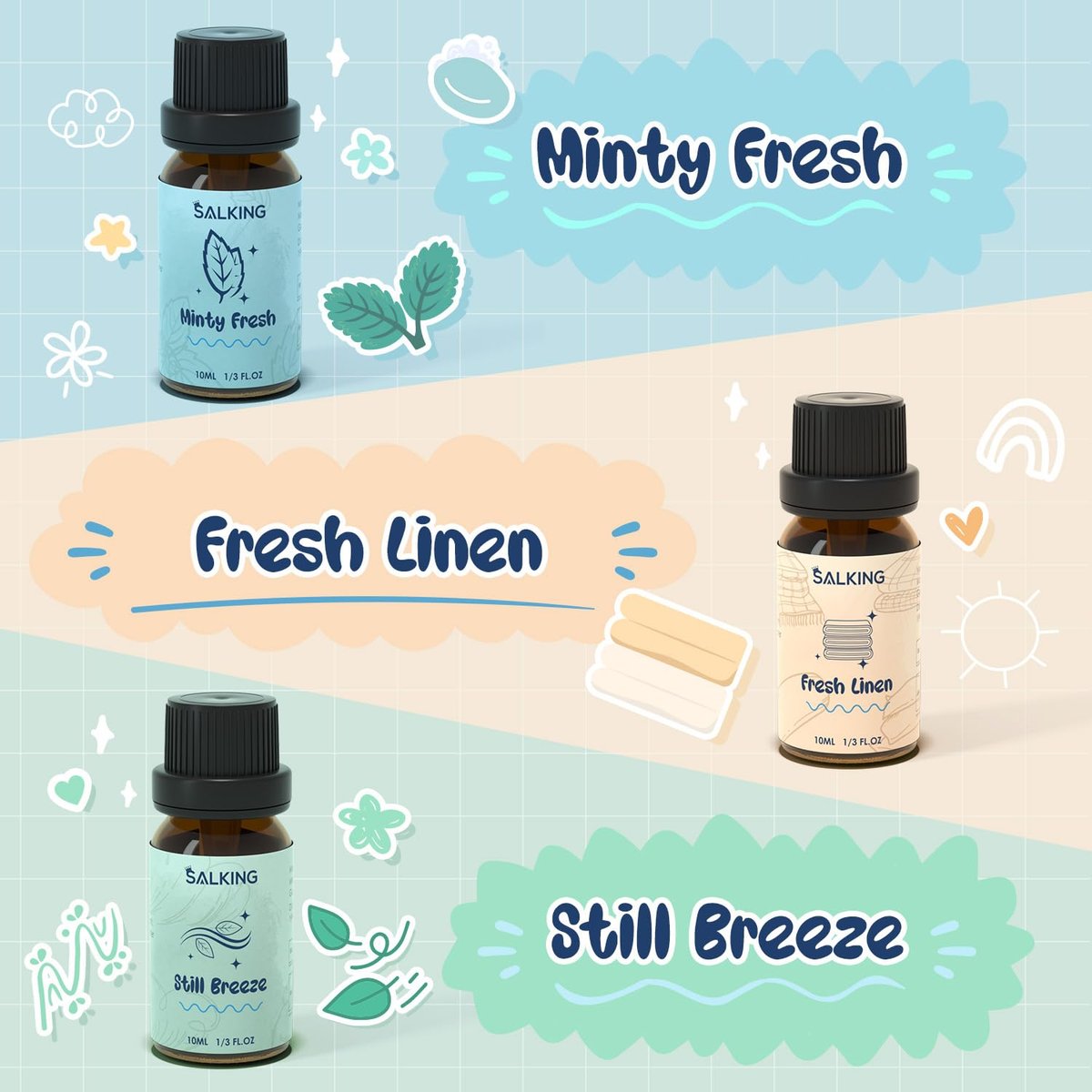 SALKING Waschparfüm-Öle, Premium Duftöl für Diffuser, Duftöl-Geschenkset für Seifen- und Kerzenherstellung – Citrus Clean, Fresh Laundry, Fresh Linen, Lavender Fields, Still Breeze, Minty Fresh