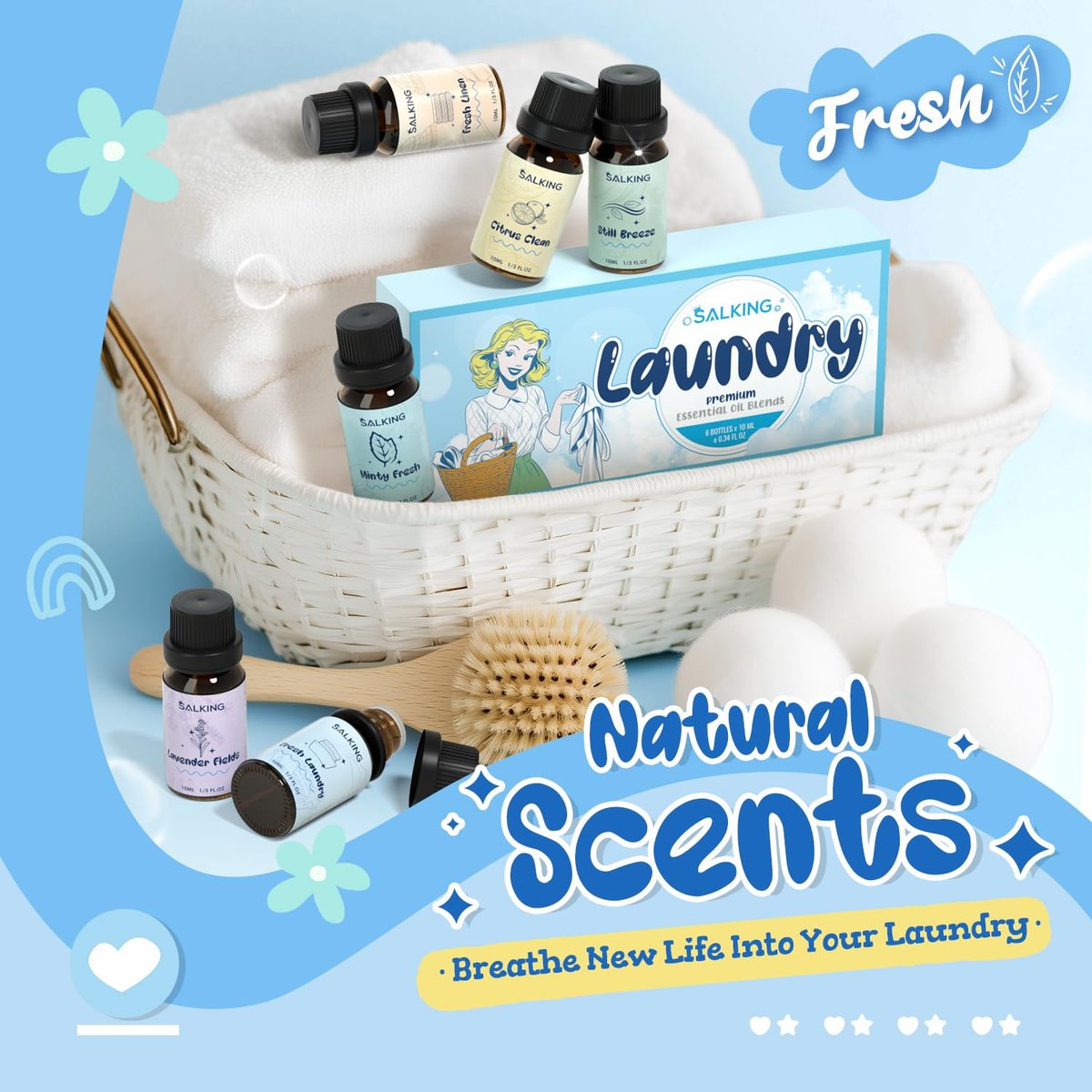 SALKING Waschparfüm-Öle, Premium Duftöl für Diffuser, Duftöl-Geschenkset für Seifen- und Kerzenherstellung – Citrus Clean, Fresh Laundry, Fresh Linen, Lavender Fields, Still Breeze, Minty Fresh