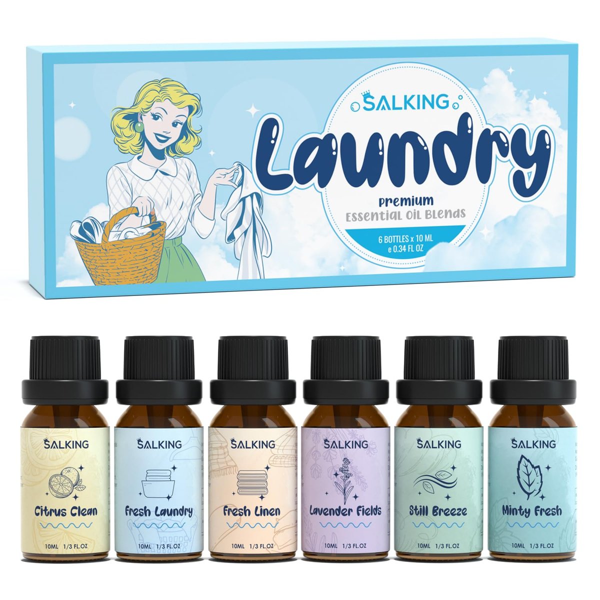 SALKING Waschparfüm-Öle, Premium Duftöl für Diffuser, Duftöl-Geschenkset für Seifen- und Kerzenherstellung – Citrus Clean, Fresh Laundry, Fresh Linen, Lavender Fields, Still Breeze, Minty Fresh
