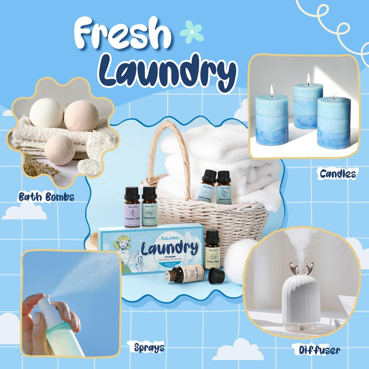 SALKING Waschparfüm-Öle, Premium Duftöl für Diffuser, Duftöl-Geschenkset für Seifen- und Kerzenherstellung – Citrus Clean, Fresh Laundry, Fresh Linen, Lavender Fields, Still Breeze, Minty Fresh