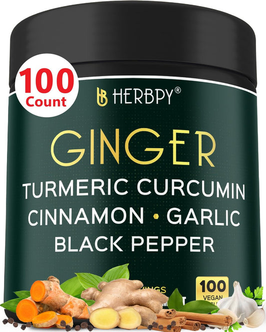 Herbpy 5in1 Ingwer & Kurkuma Kapseln mit Ceylon-Zimt, Knoblauch – Verdauung, Immunsystem, Gehirn & Herzgesundheit – 100 Kapseln