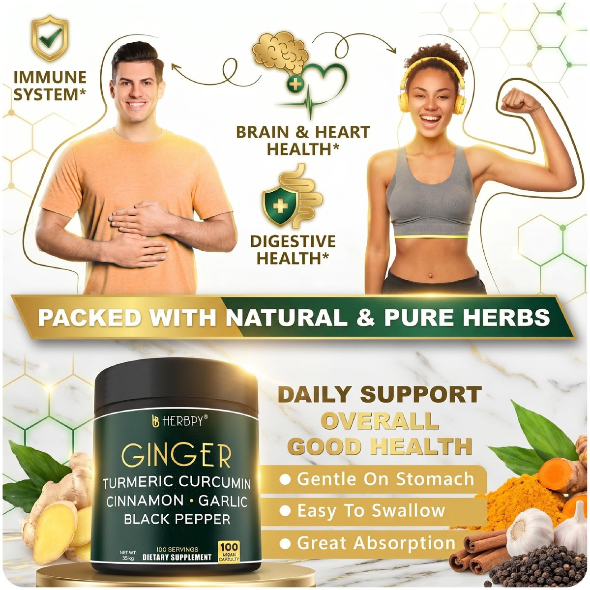 Herbpy 5in1 Ingwer & Kurkuma Kapseln mit Ceylon-Zimt, Knoblauch – Verdauung, Immunsystem, Gehirn & Herzgesundheit – 100 Kapseln