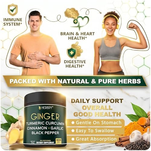 Herbpy 5in1 Ingwer & Kurkuma Kapseln mit Ceylon-Zimt, Knoblauch – Verdauung, Immunsystem, Gehirn & Herzgesundheit – 100 Kapseln