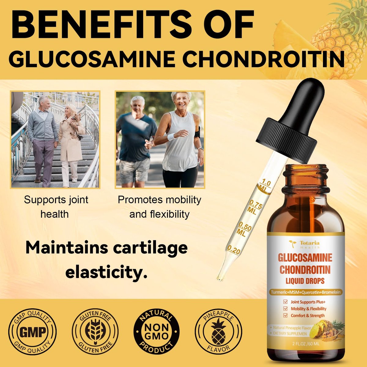 Totaria Glucosamin Chondroitin MSM Liquid Drops mit Vitamin D3 und Kurkuma – Gelenkunterstützung für Beweglichkeit, Flexibilität und Knochen, 60 ml (2 Fl. Oz.)