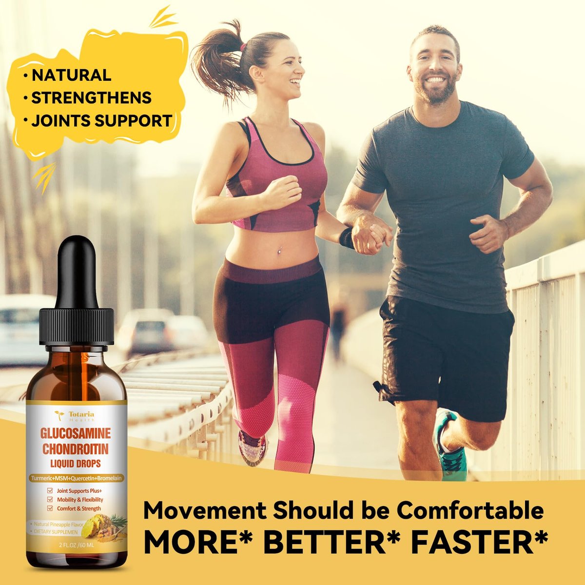 Totaria Glucosamin Chondroitin MSM Liquid Drops mit Vitamin D3 und Kurkuma – Gelenkunterstützung für Beweglichkeit, Flexibilität und Knochen, 60 ml (2 Fl. Oz.)