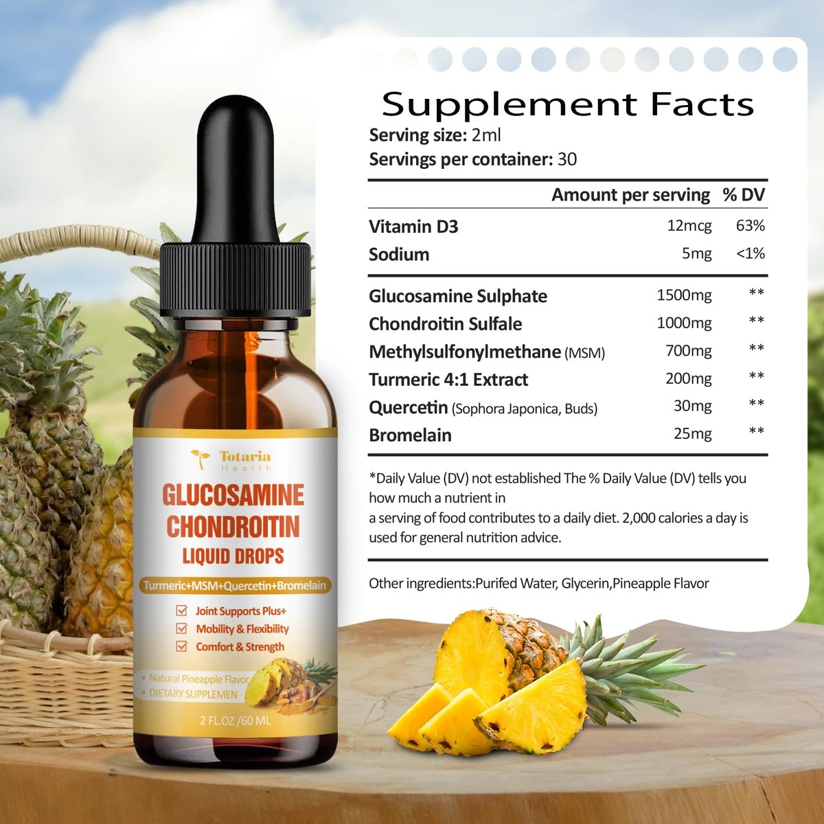 Totaria Glucosamin Chondroitin MSM Liquid Drops mit Vitamin D3 und Kurkuma – Gelenkunterstützung für Beweglichkeit, Flexibilität und Knochen, 60 ml (2 Fl. Oz.)