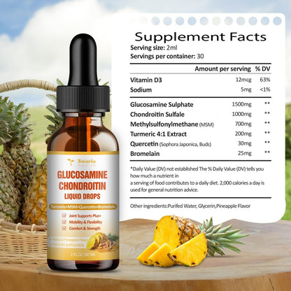 Totaria Glucosamin Chondroitin MSM Liquid Drops mit Vitamin D3 und Kurkuma – Gelenkunterstützung für Beweglichkeit, Flexibilität und Knochen, 60 ml (2 Fl. Oz.)