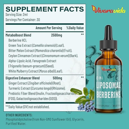Berberin HCl Supplement 3000 mg – Liposomales Berberin HCl Liquid – AMPK-Aktivator mit Kurkuma, Ceylon-Zimt, 12 natürliche Inhaltsstoffe – 60 ml