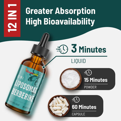 Berberin HCl Supplement 3000 mg – Liposomales Berberin HCl Liquid – AMPK-Aktivator mit Kurkuma, Ceylon-Zimt, 12 natürliche Inhaltsstoffe – 60 ml