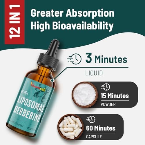 Berberin HCl Supplement 3000 mg – Liposomales Berberin HCl Liquid – AMPK-Aktivator mit Kurkuma, Ceylon-Zimt, 12 natürliche Inhaltsstoffe – 60 ml
