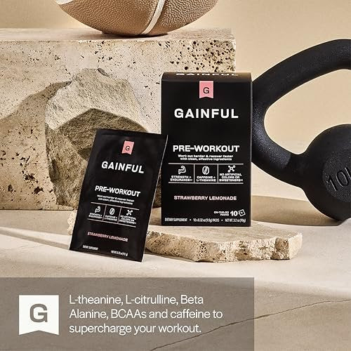 Gainful Pre-Workout Pulver mit natürlichem Koffein & L-Theanin für Energie & Fokus, L-Citrullin & Beta-Alanin für Ausdauer, BCAAs für Muskelregeneration, vegan, Erdbeer-Zitronen-Limo, 10 Portionen