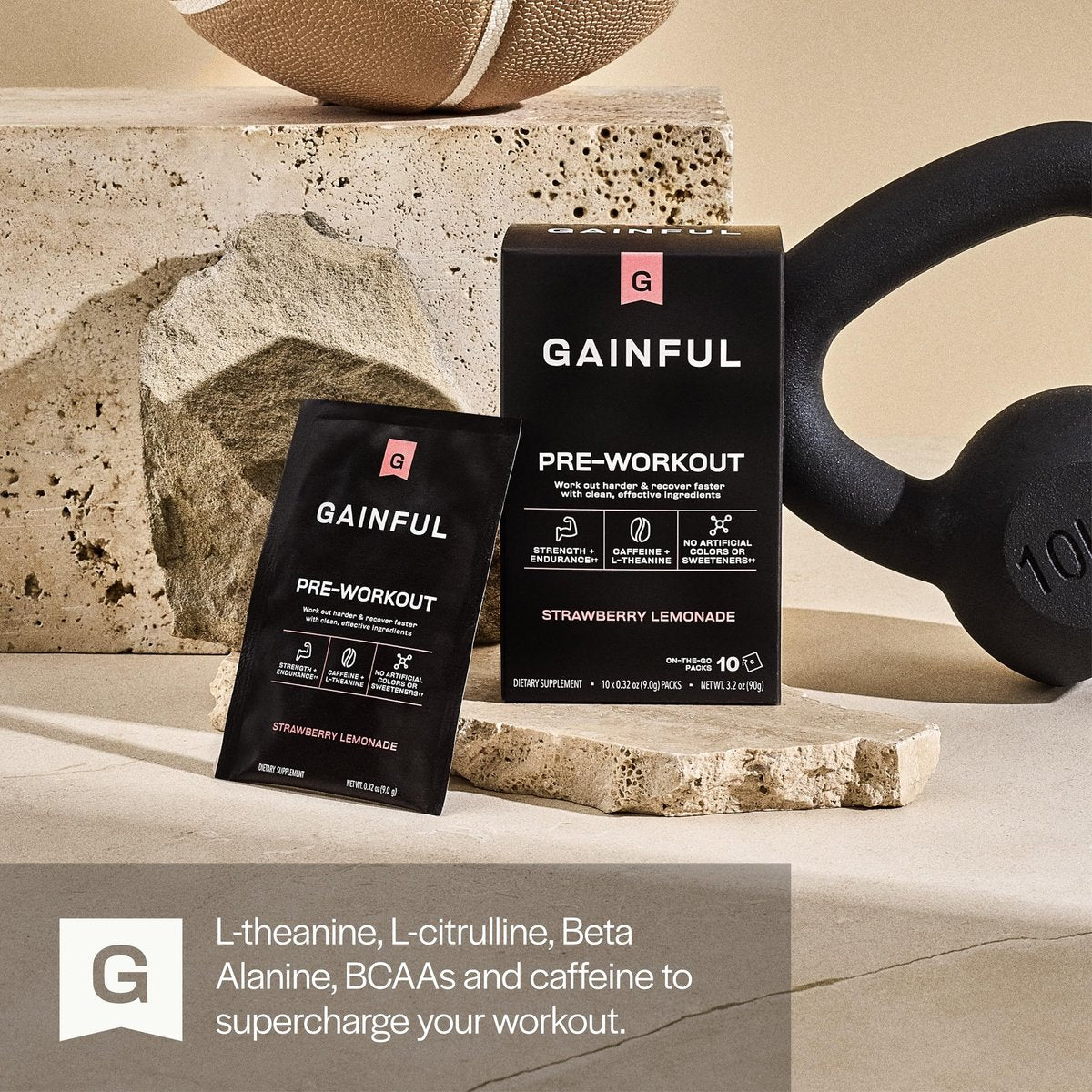 Gainful Pre-Workout Pulver mit natürlichem Koffein & L-Theanin für Energie & Fokus, L-Citrullin & Beta-Alanin für Ausdauer, BCAAs für Muskelregeneration, vegan, Erdbeer-Zitronen-Limo, 10 Portionen