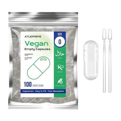 ATLEMISME Leere vegane Kapseln Größe 0 – 100 Stück pflanzliche Kapseln mit 2 Mikro-Labellöffeln
